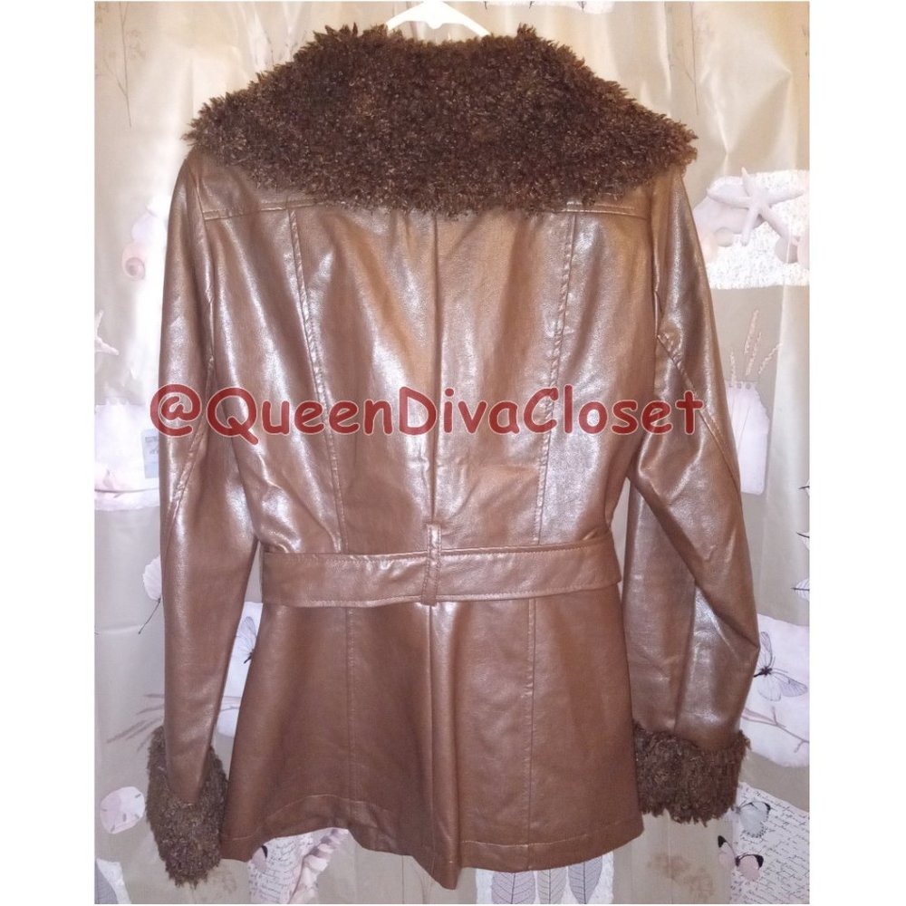 F21 Dark Chocolate Brown Faux Leather Fur Trimmed Belted Retro 90's 70s Jacket L - Picture 6 of 9